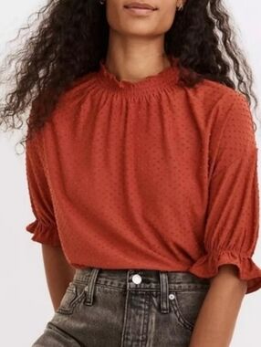 Madewell Orange Puff-Sleeve Swiss Dot Top